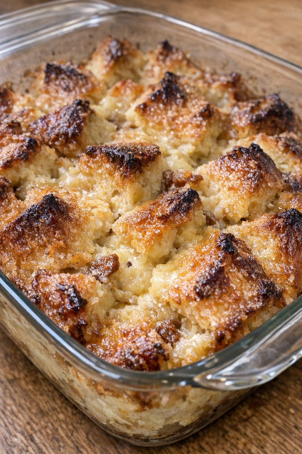 3-ingredient bread pudding in a glass casserole dish