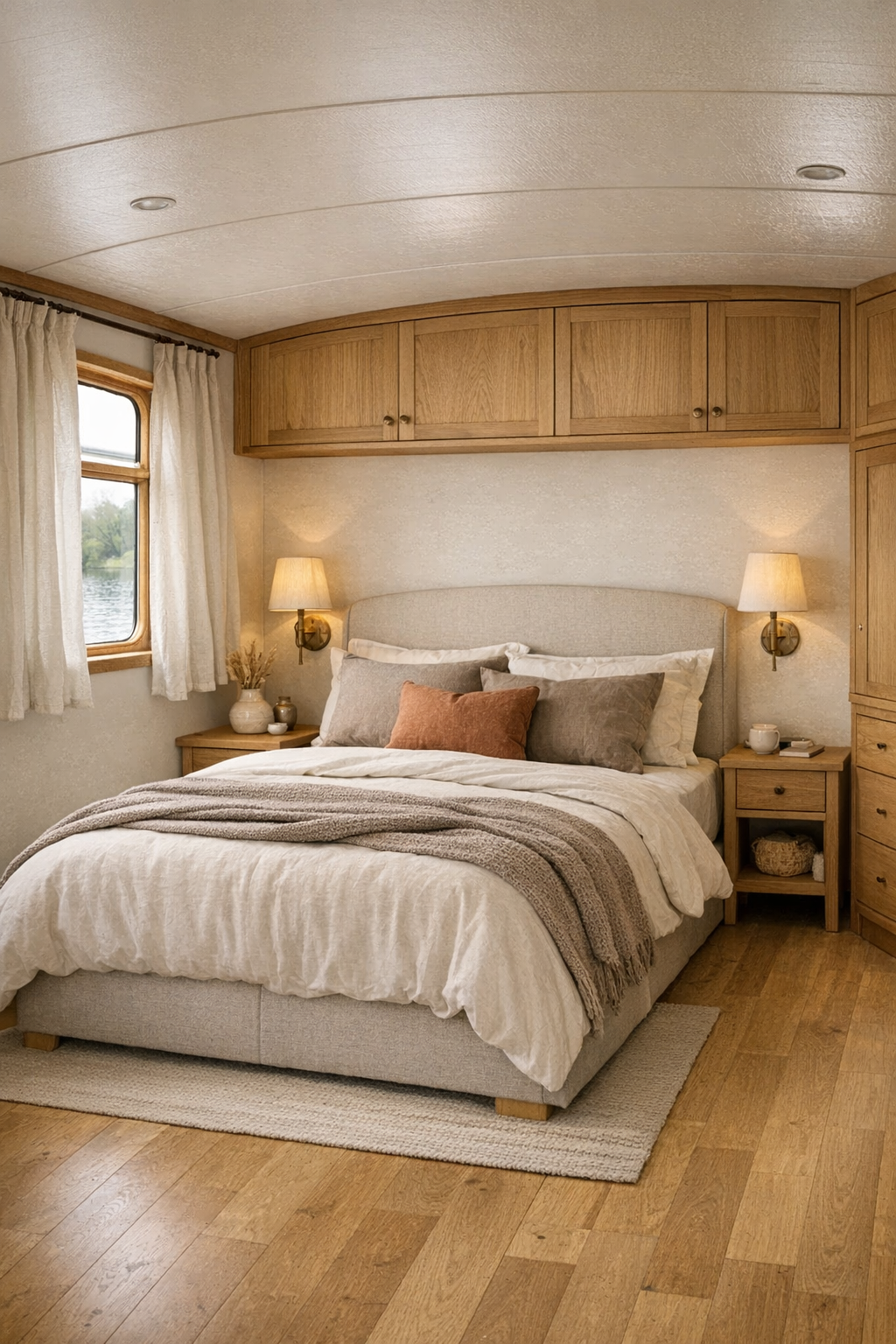 Serene bedroom with upholstered bed, soft neutral bedding, and built-in storage
