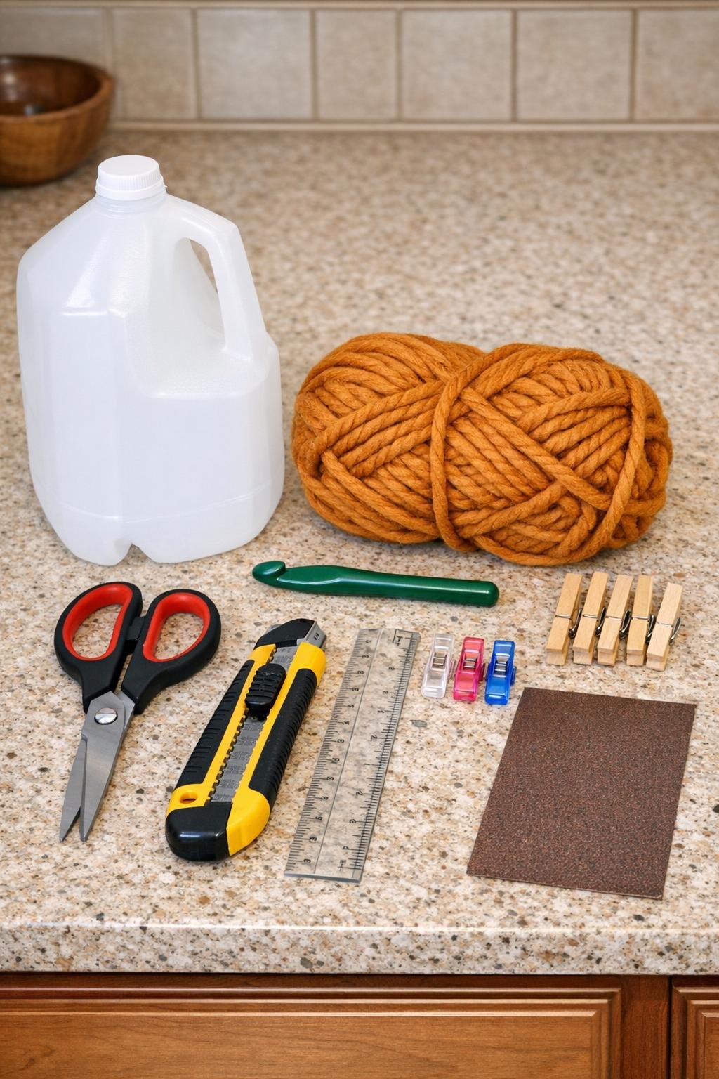 Materials for a crochet basket made from a milk jug and chunky amber yarn