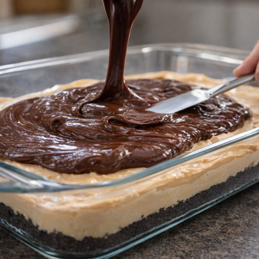 Chocolate pudding layer being added to the dessert