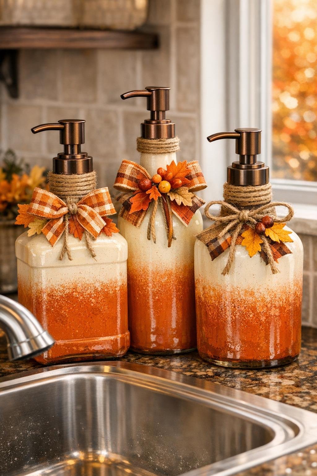 Finished autumn soap dispensers made from old glass liquor bottles