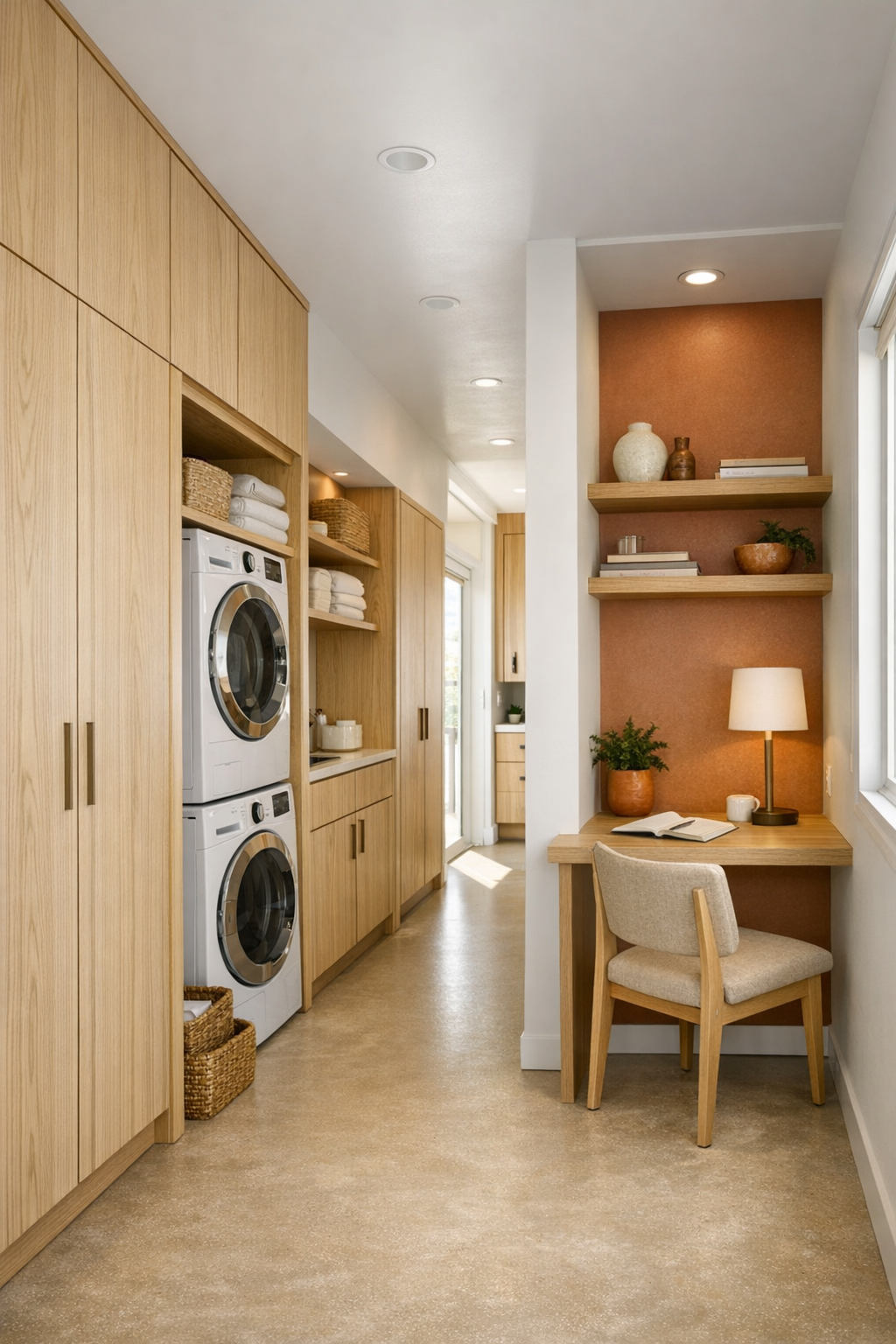 Bright hallway and flex area with built-in storage, compact laundry, and simple workspace