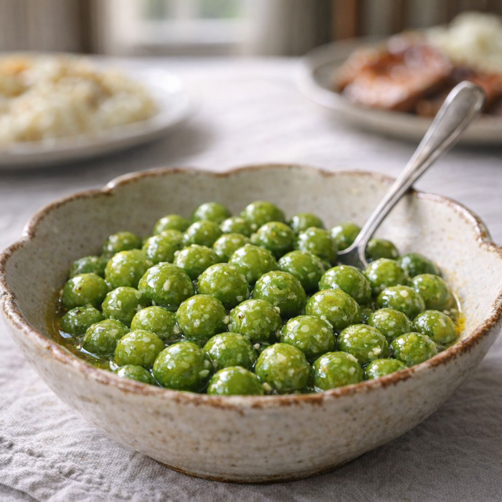 Serving bowl of buttered sweet peas ready for dinner