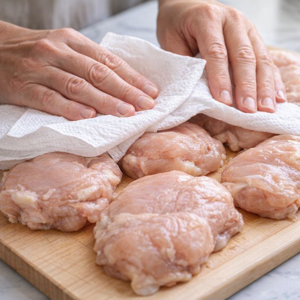Chicken pieces being dried with paper towels