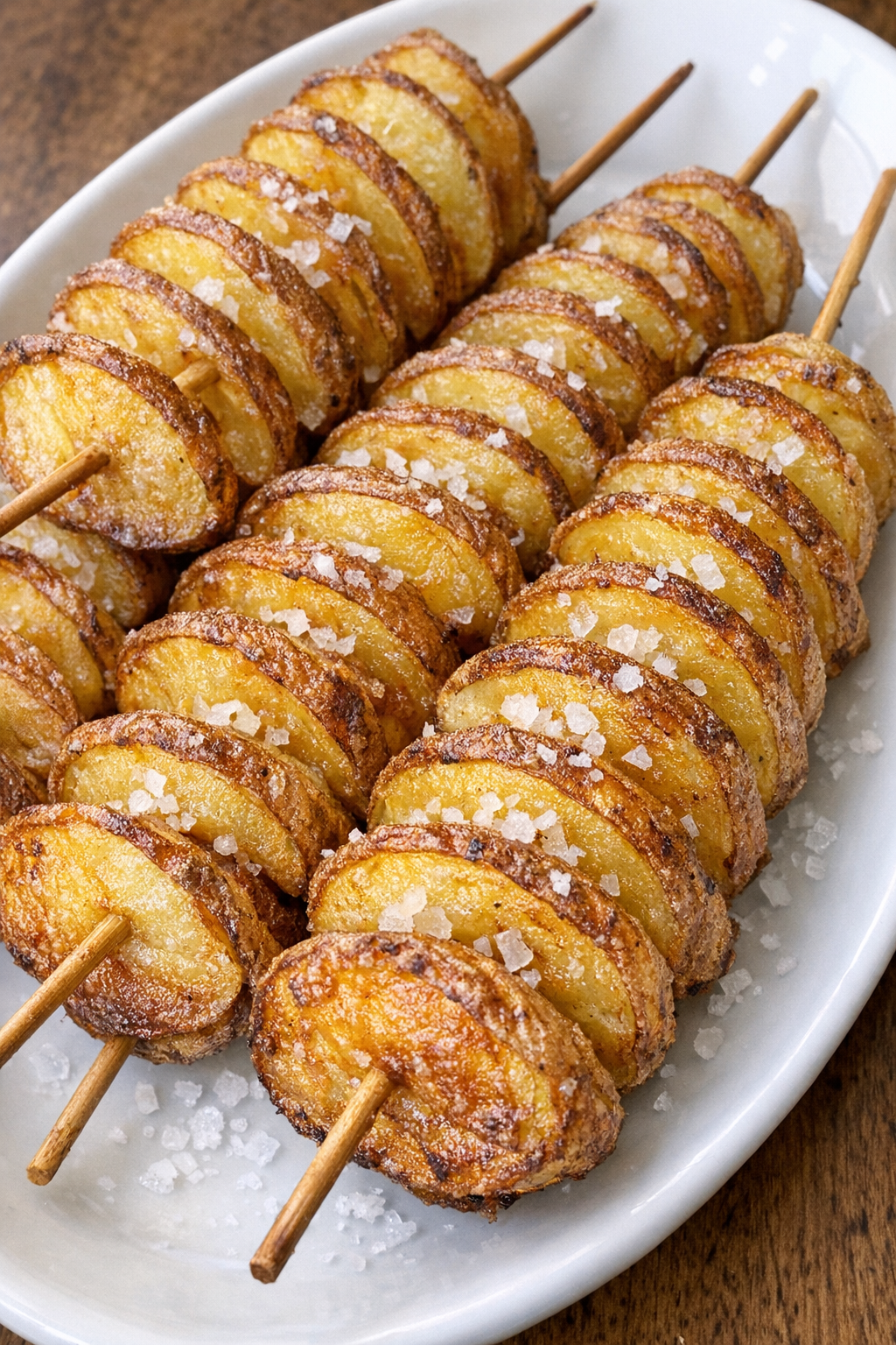 Golden crispy spiral-cut potatoes on skewers