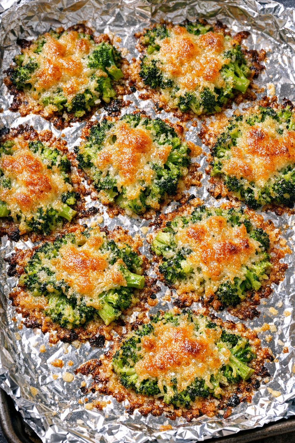 Parmesan broccoli crisps on a foil-lined baking tray