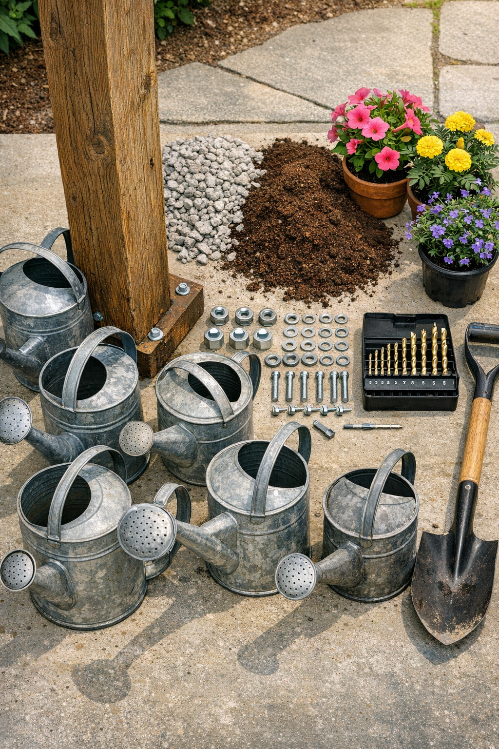 Materials laid out for a watering can cascading planter