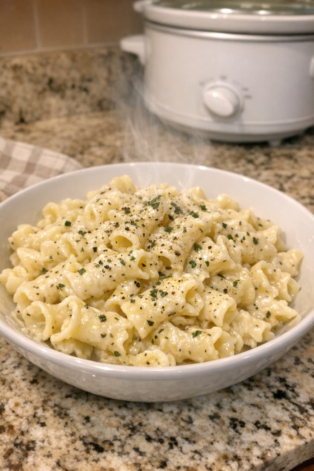 Finished creamy herb campanelle pasta plated in a shallow bowl