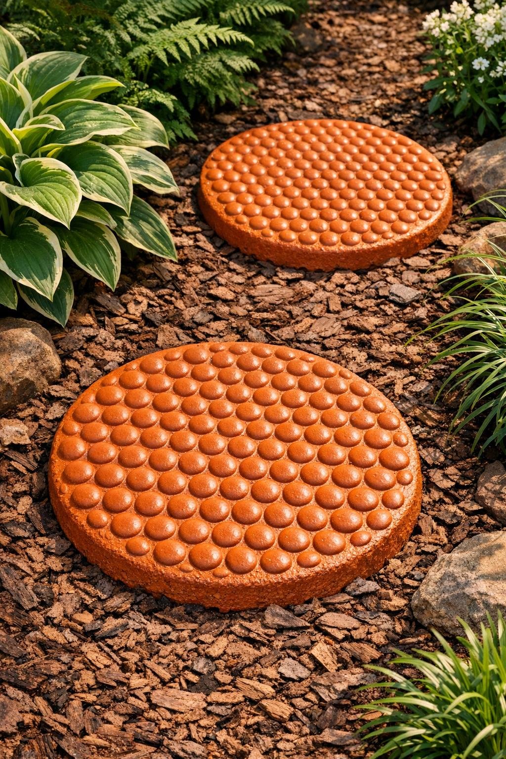 Finished textured harvest stepping stones in a garden path