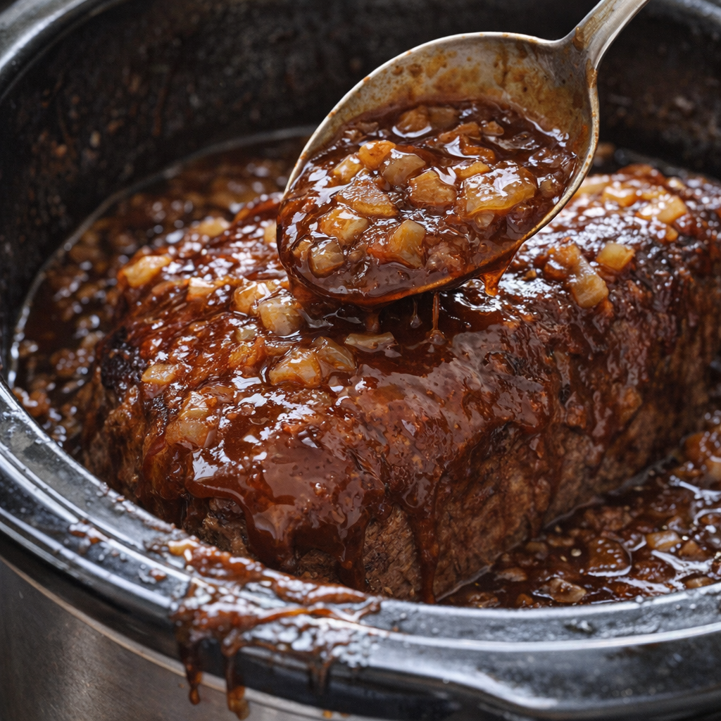 Barbecue sauce and onion soup being spread over roast