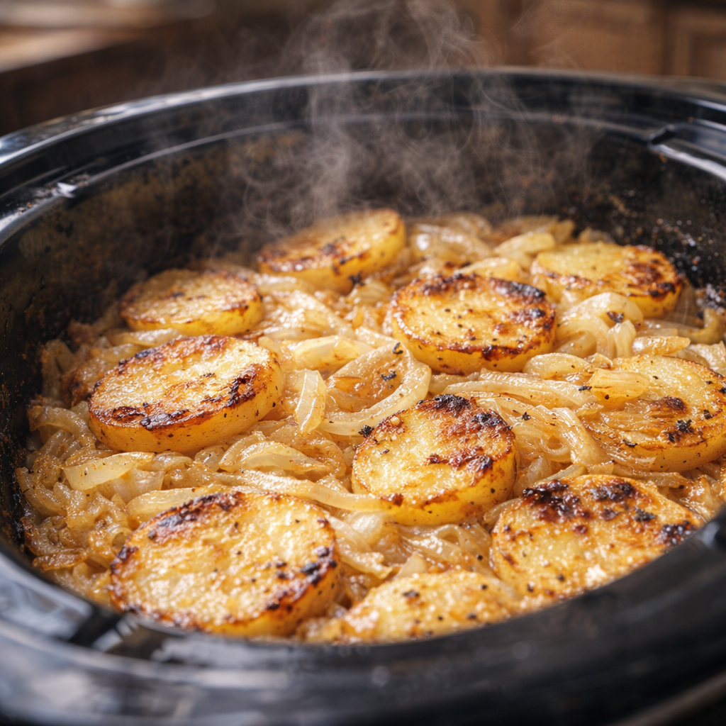 Finished potato bake inside the slow cooker