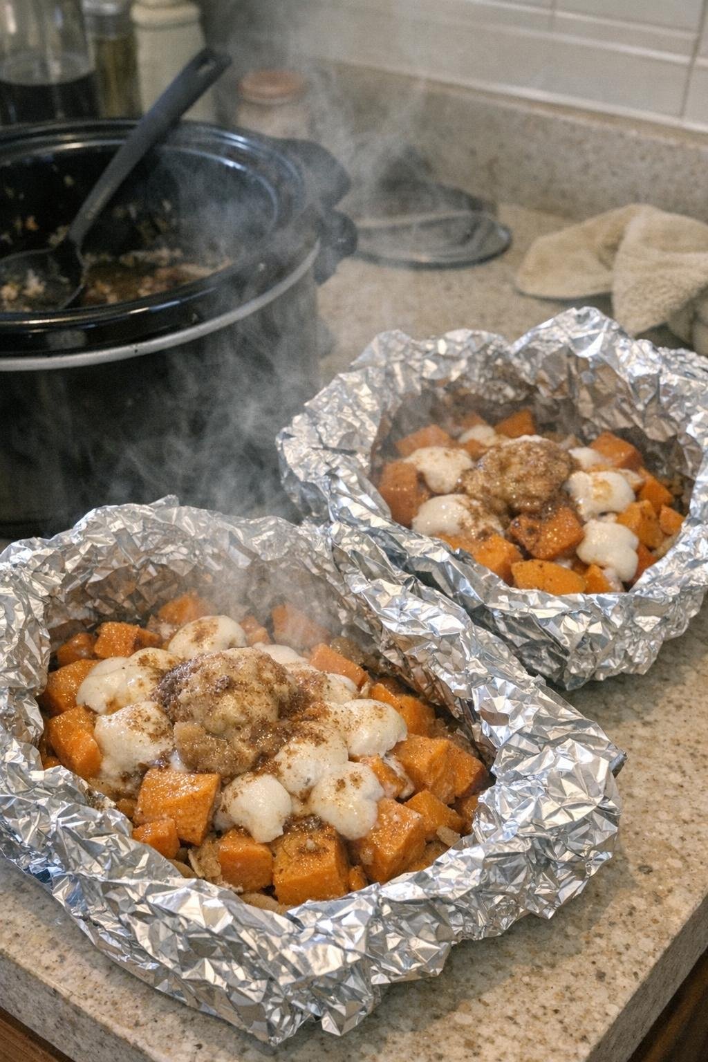 Sweet potato packets with butter, cinnamon and marshmallows