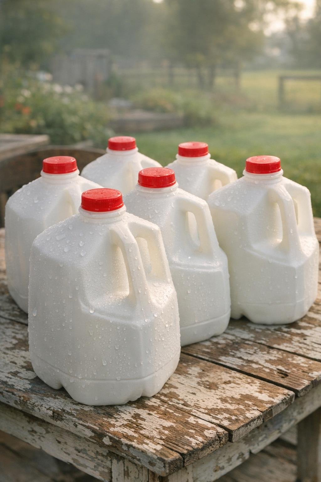 Stack of rinsed milk jugs on a porch table ready for upcycling