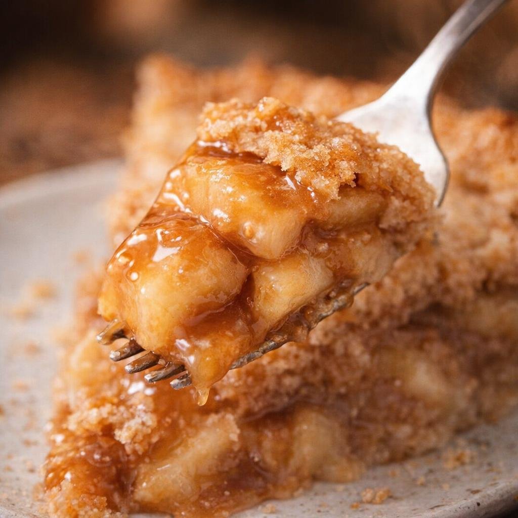 Forkful of apple pie with glossy filling