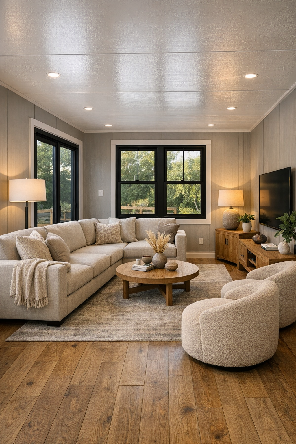 Accessible modern living room with oatmeal sectional and large black-framed windows