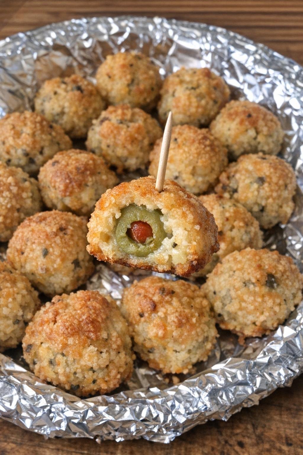 Close up of olive woodward balls on a foil-lined platter