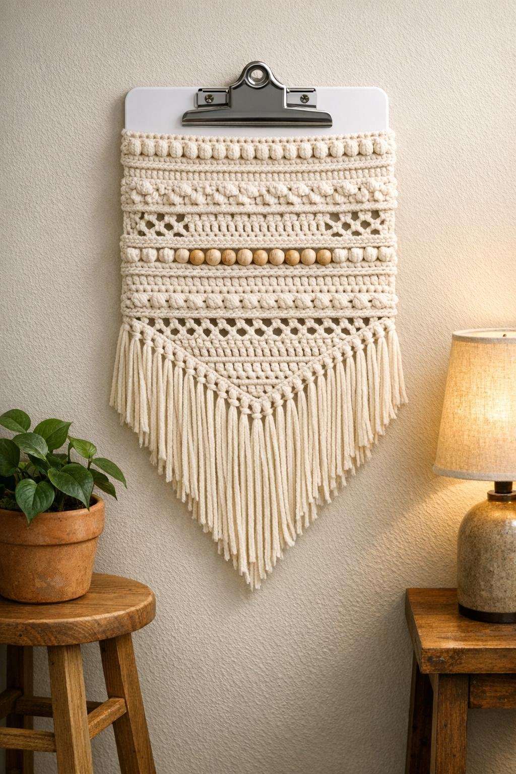 Finished crochet wall hanging made from a white plastic clipboard