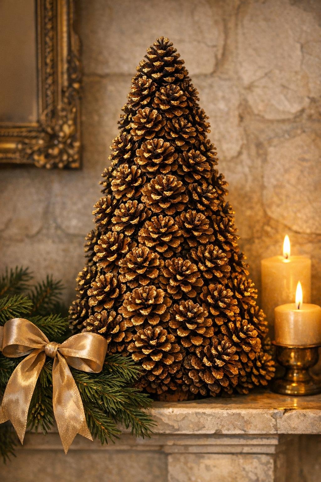 Finished pinecone tabletop Christmas tree styled on a mantel