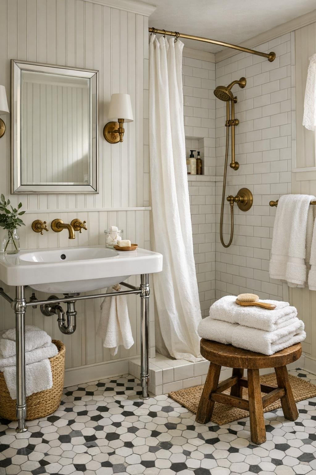 Charming cottage bathroom with hex tile floors, beadboard, and warm brass fixtures