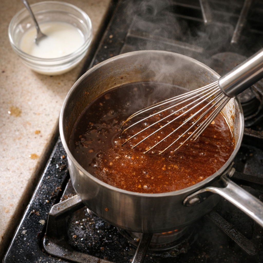 Glossy maple pan sauce simmering in a small saucepan