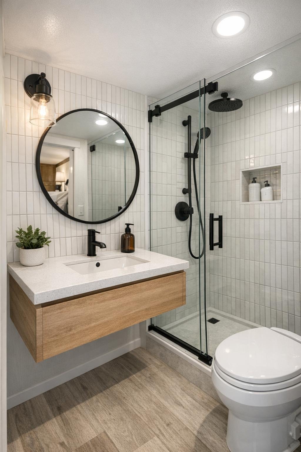 Modern small bathroom with floating wood vanity and glass shower in a park model RV