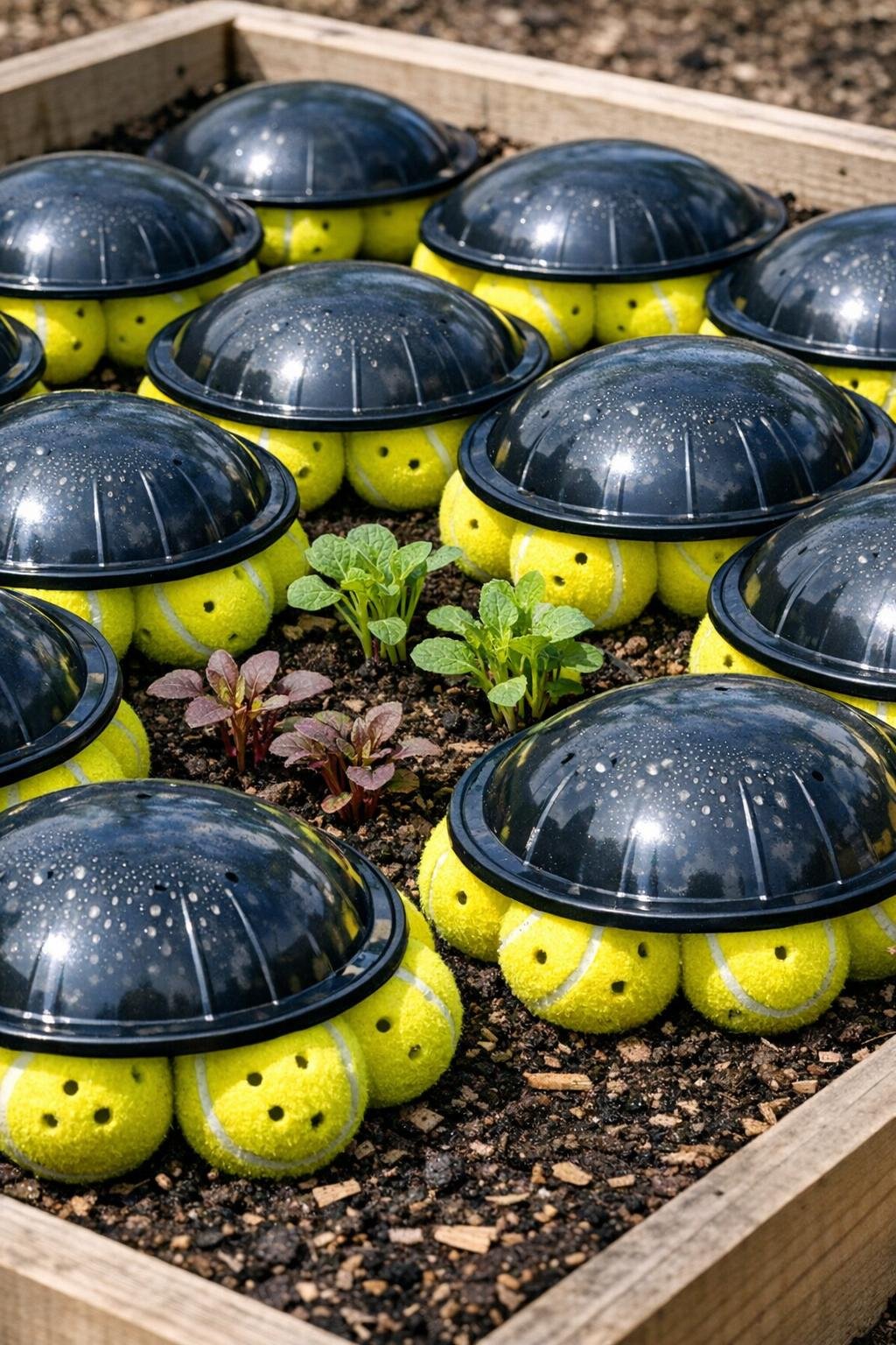 Finished raised bed warming reservoir with tennis balls and black plastic in place