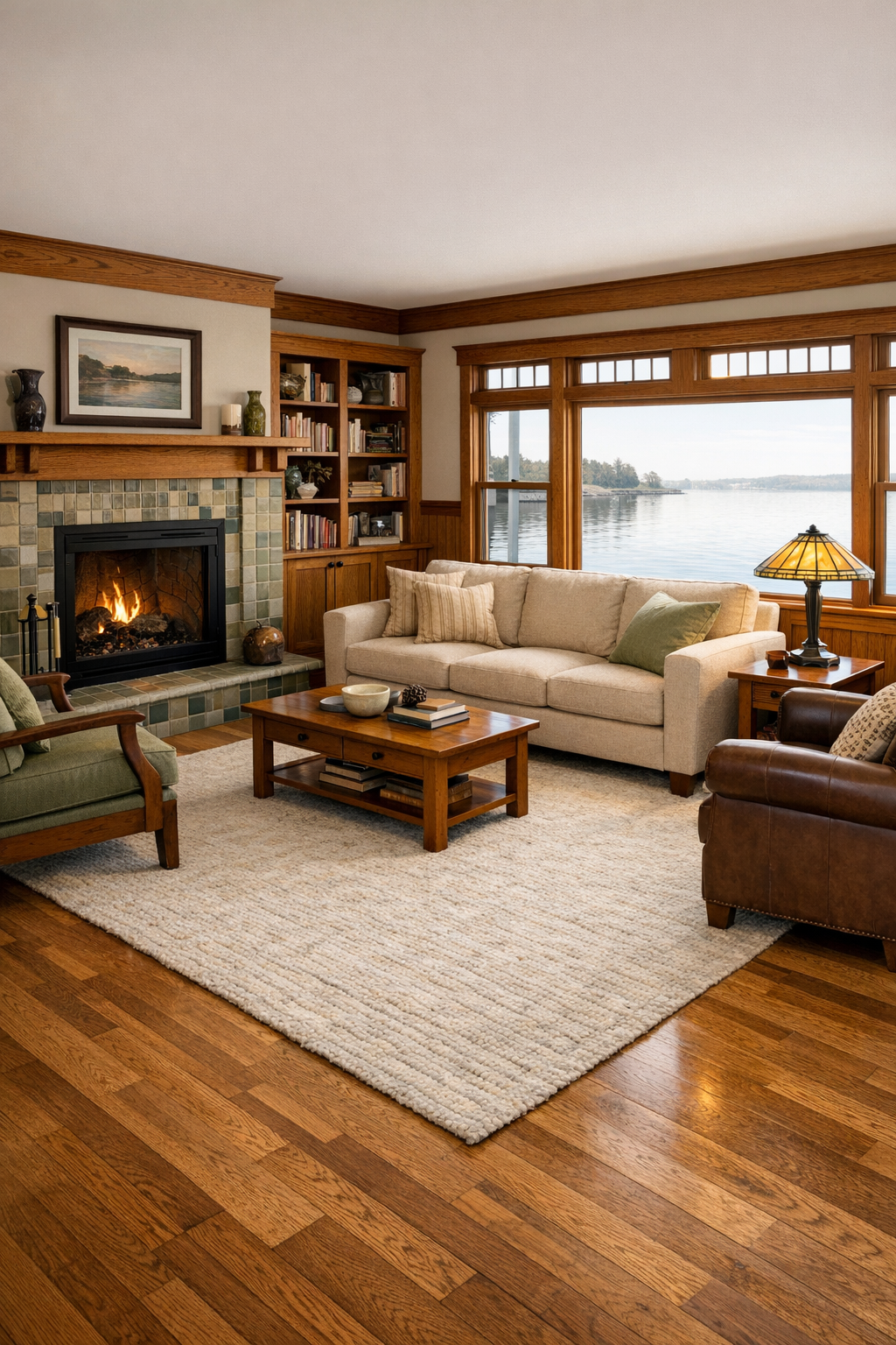 Accessible craftsman bungalow houseboat living room with built-ins and lake views