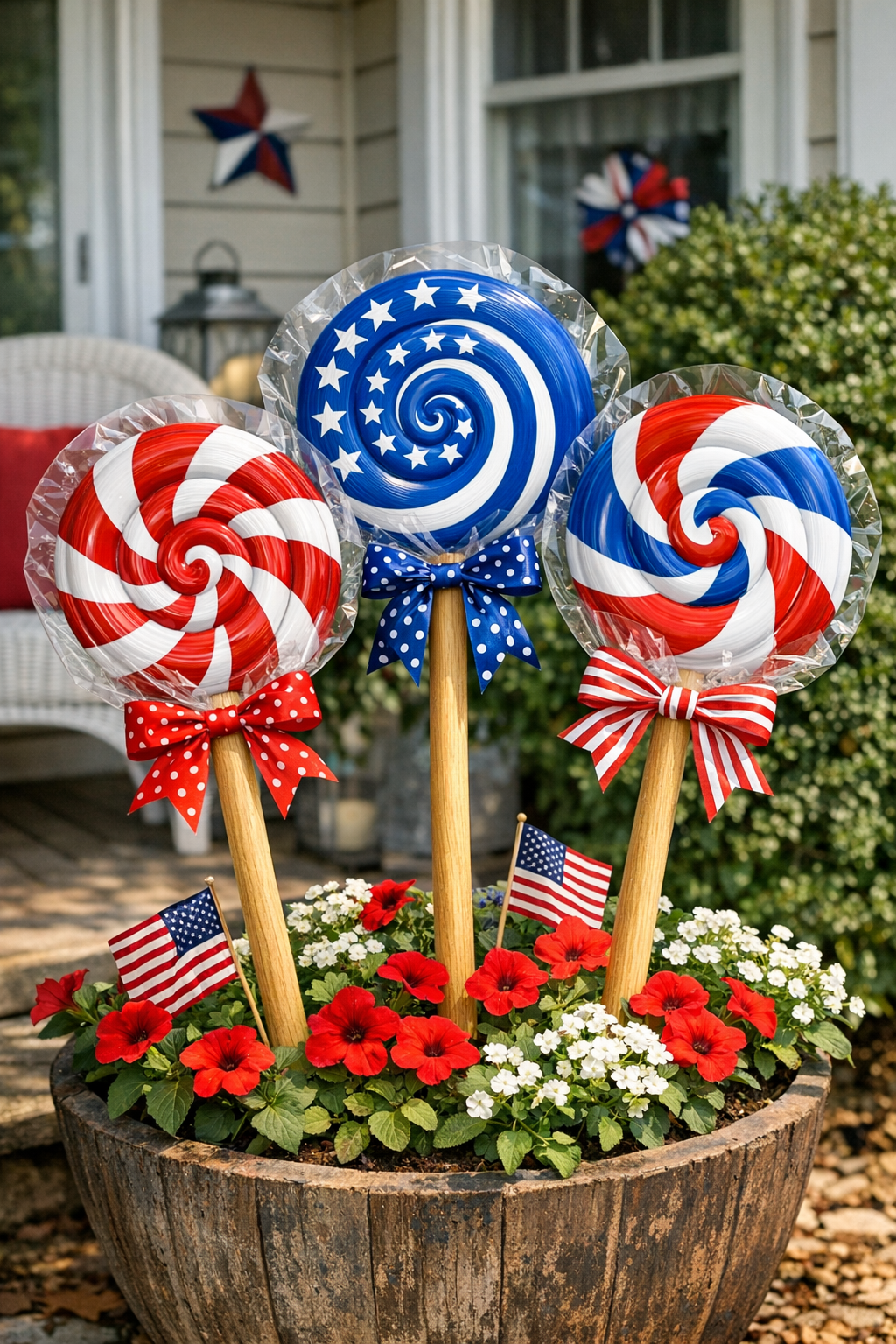 Finished giant patriotic patio lollipops displayed outdoors