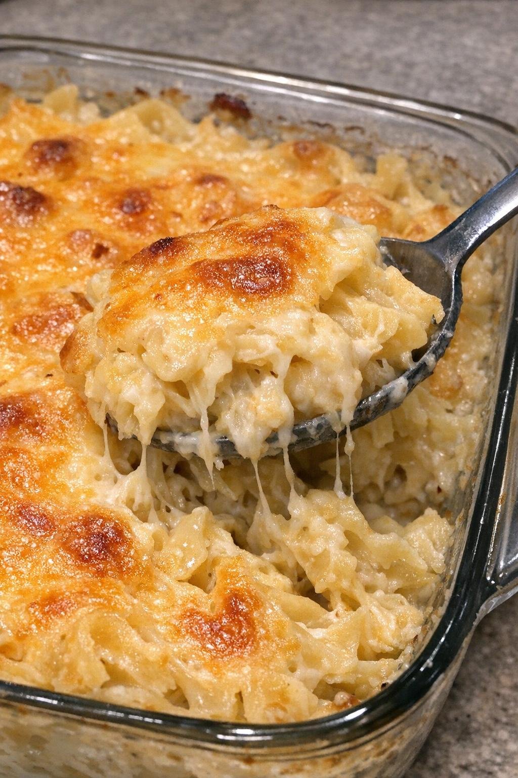 Golden cheesy noodle bake in a glass casserole dish