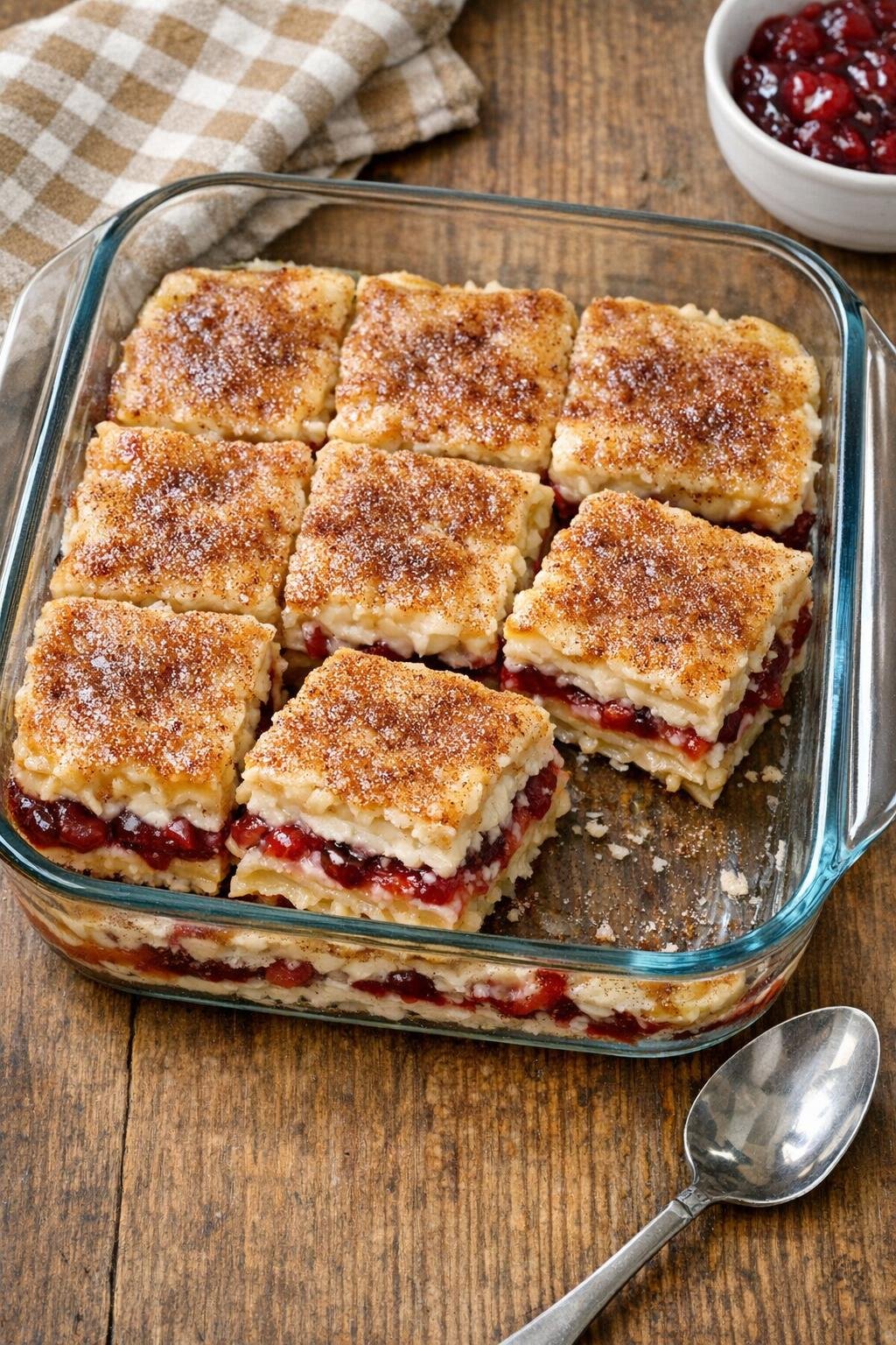 Finished baked layered dessert in a glass baking dish