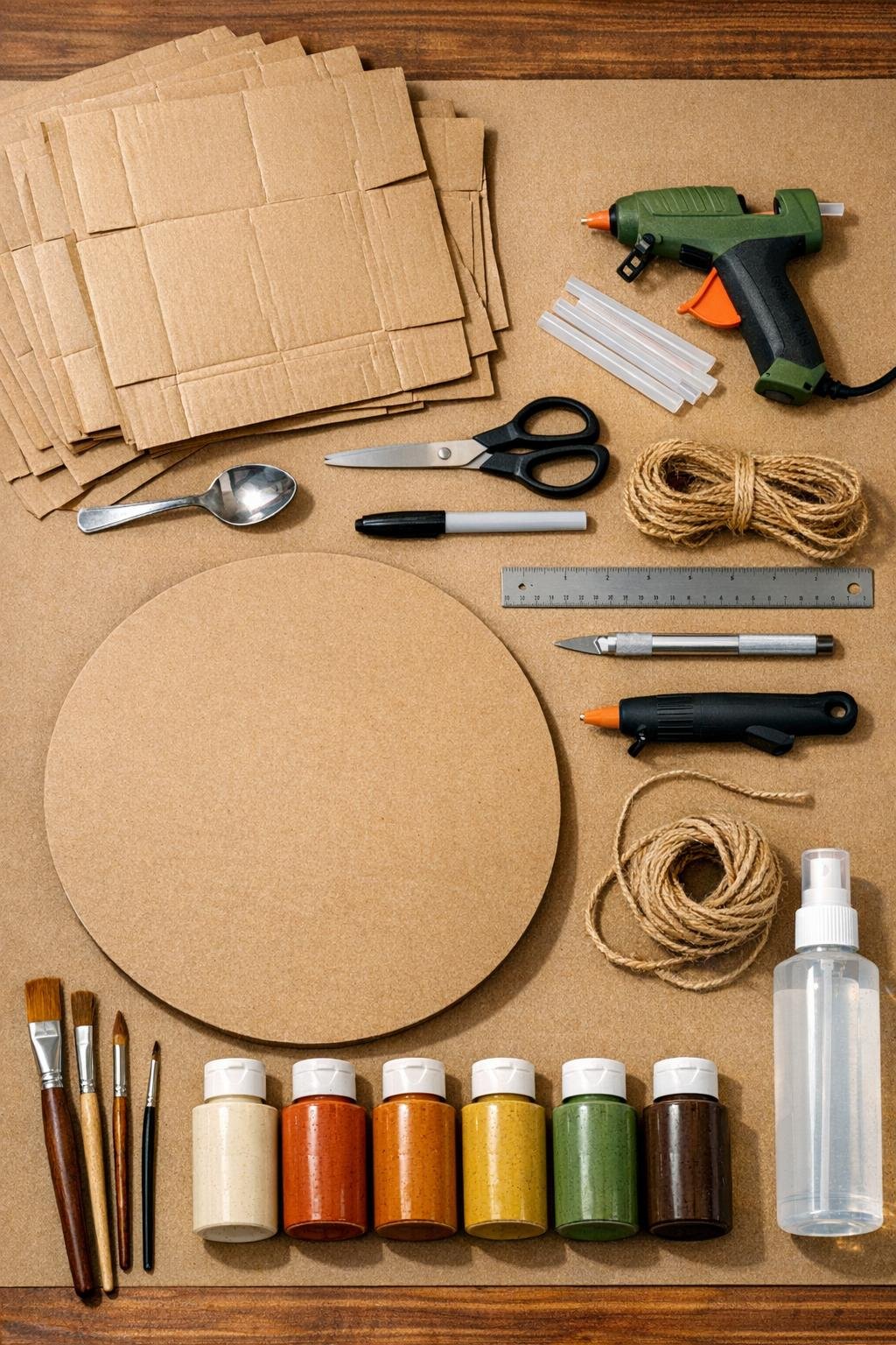 Materials laid out for stacked cardboard leaf wall art
