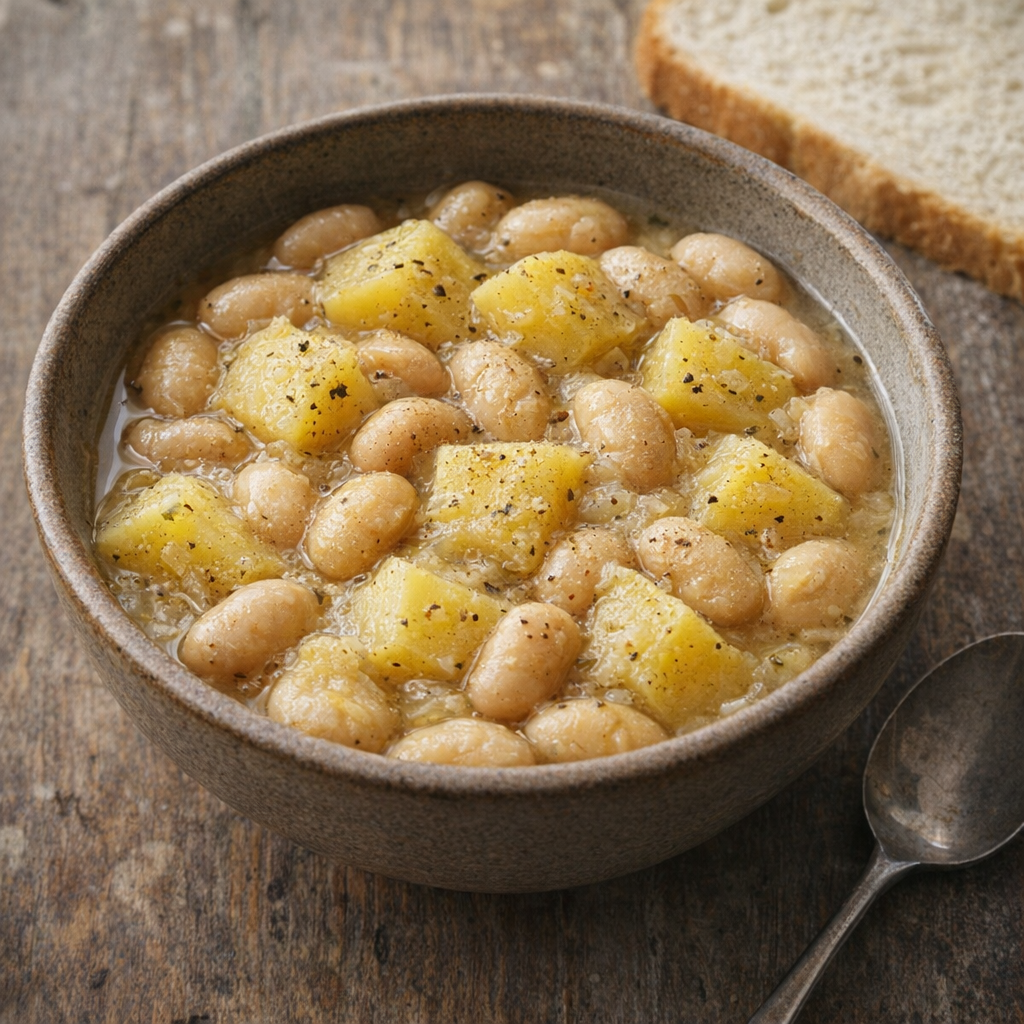 Rustic bowl of potato and butter beans on a farmhouse table