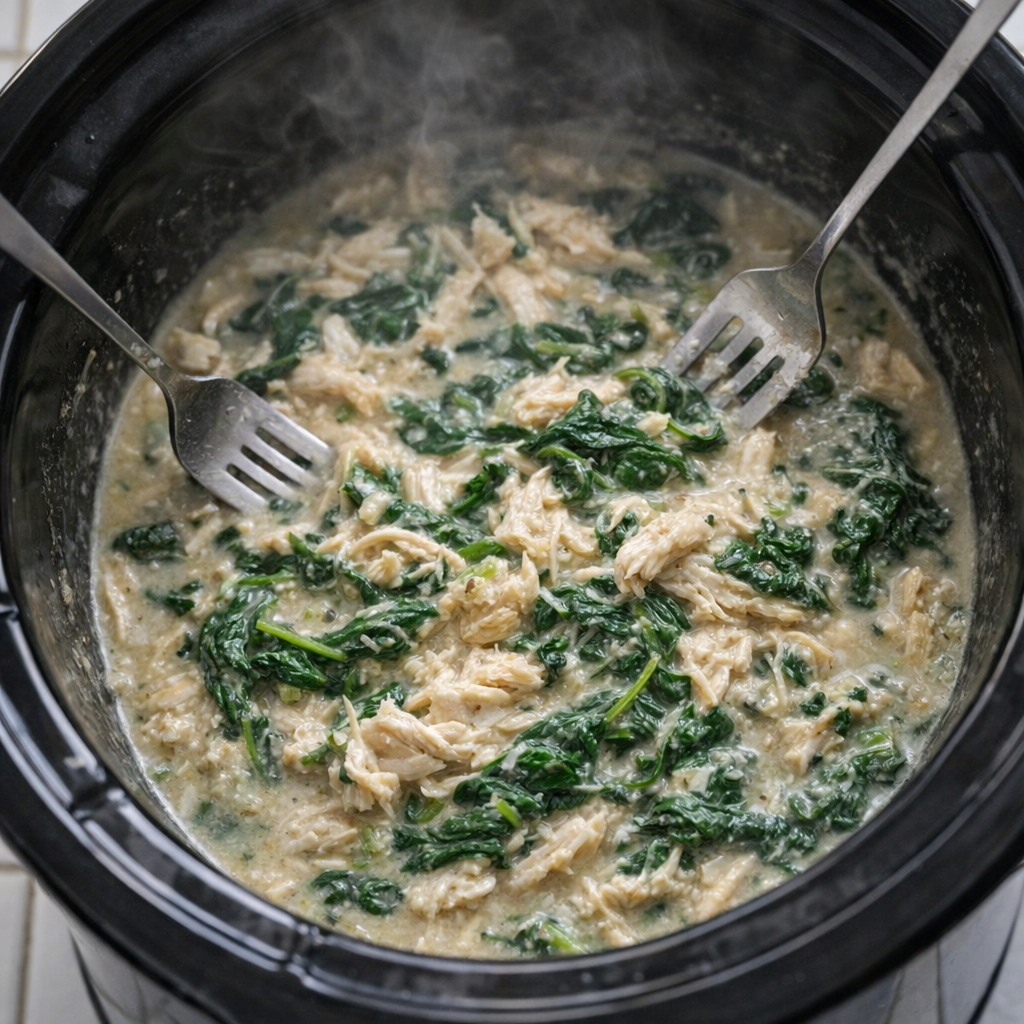 Shredded chicken and spinach in creamy broth inside slow cooker