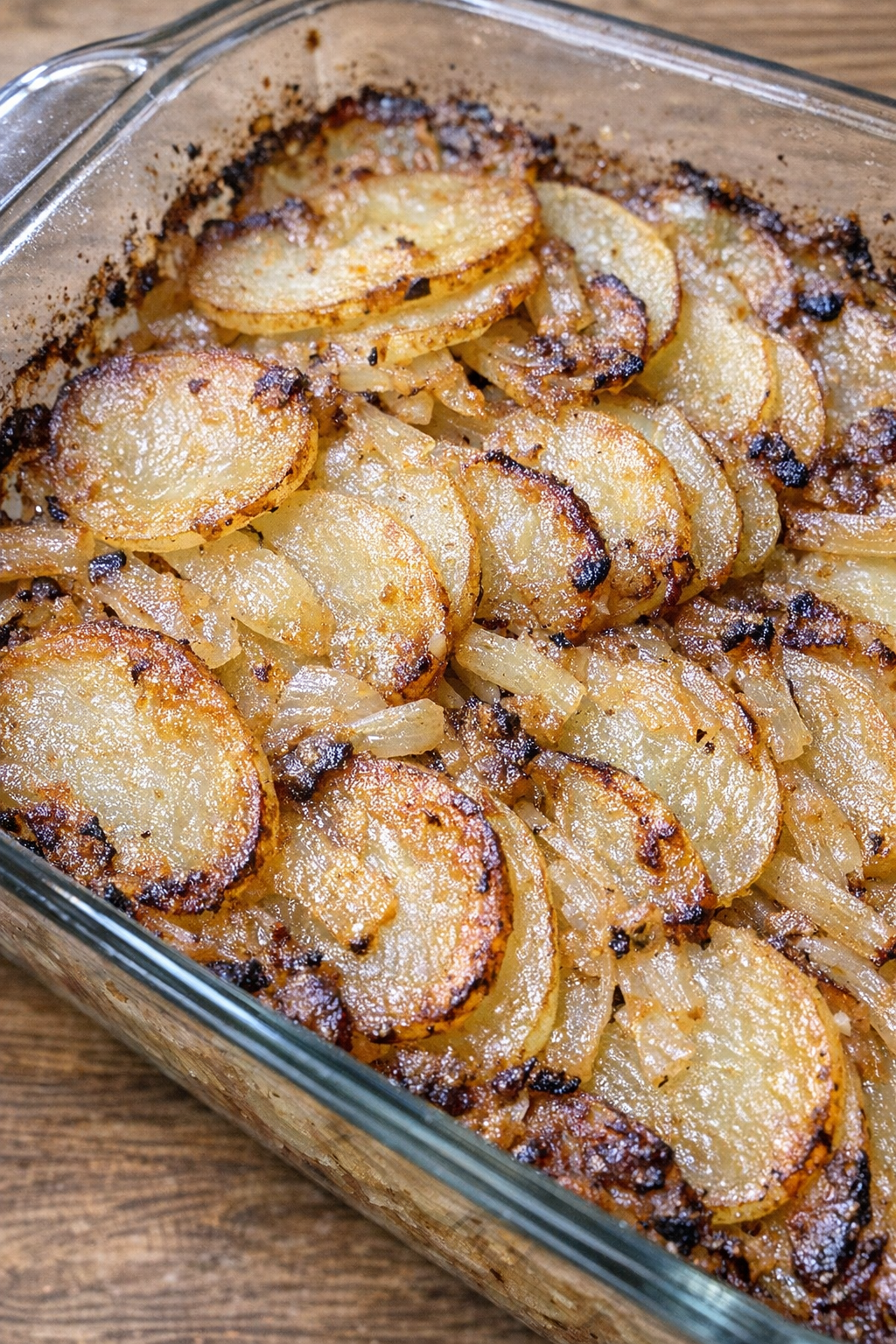 Golden baked sliced potatoes with onions