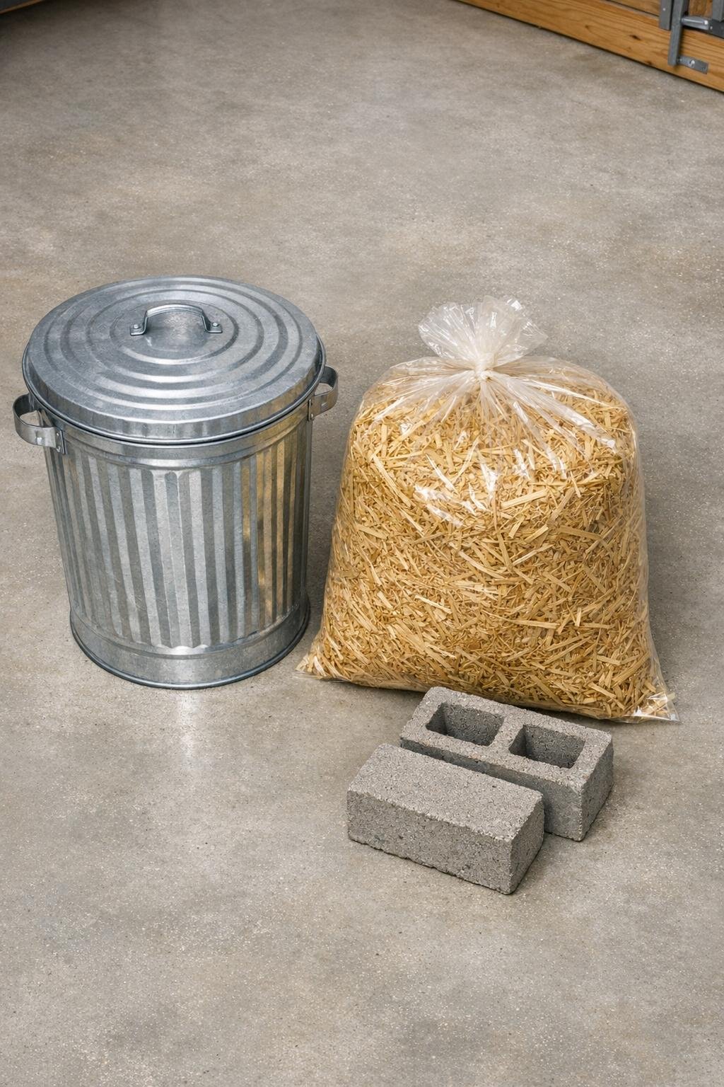 Materials for a galvanized trash can root vegetable storage bin laid out together