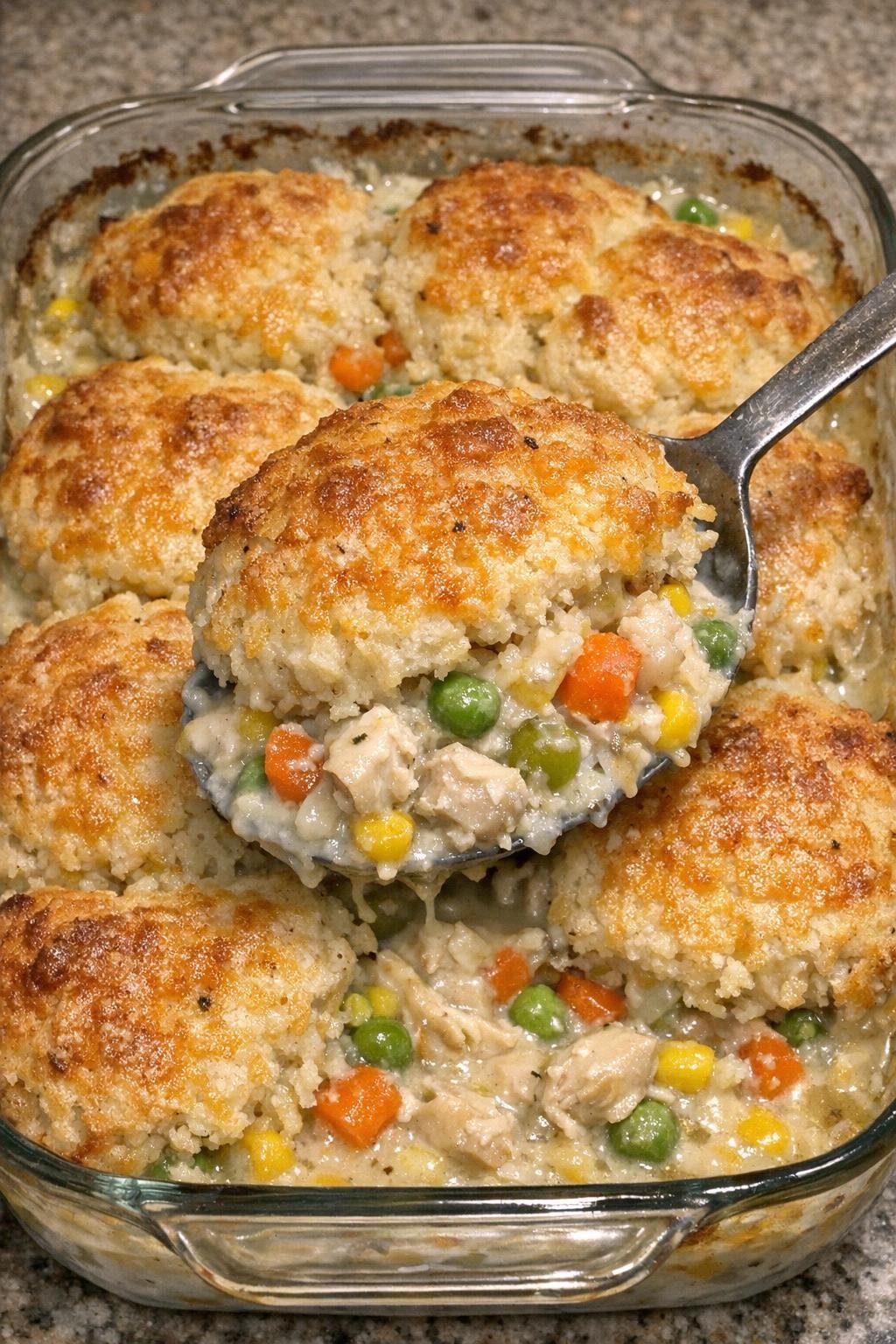 Chicken cobbler in a glass casserole dish with golden biscuit topping