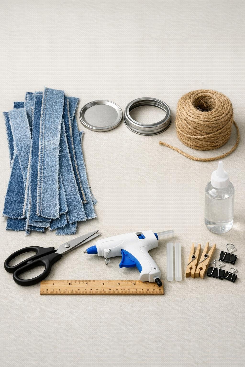 Materials for a rolled denim trivet laid out neatly