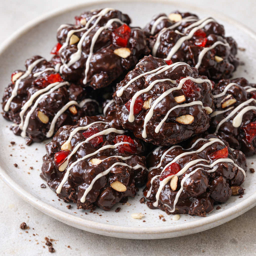 Variation of chocolate cherry clusters drizzled with white chocolate