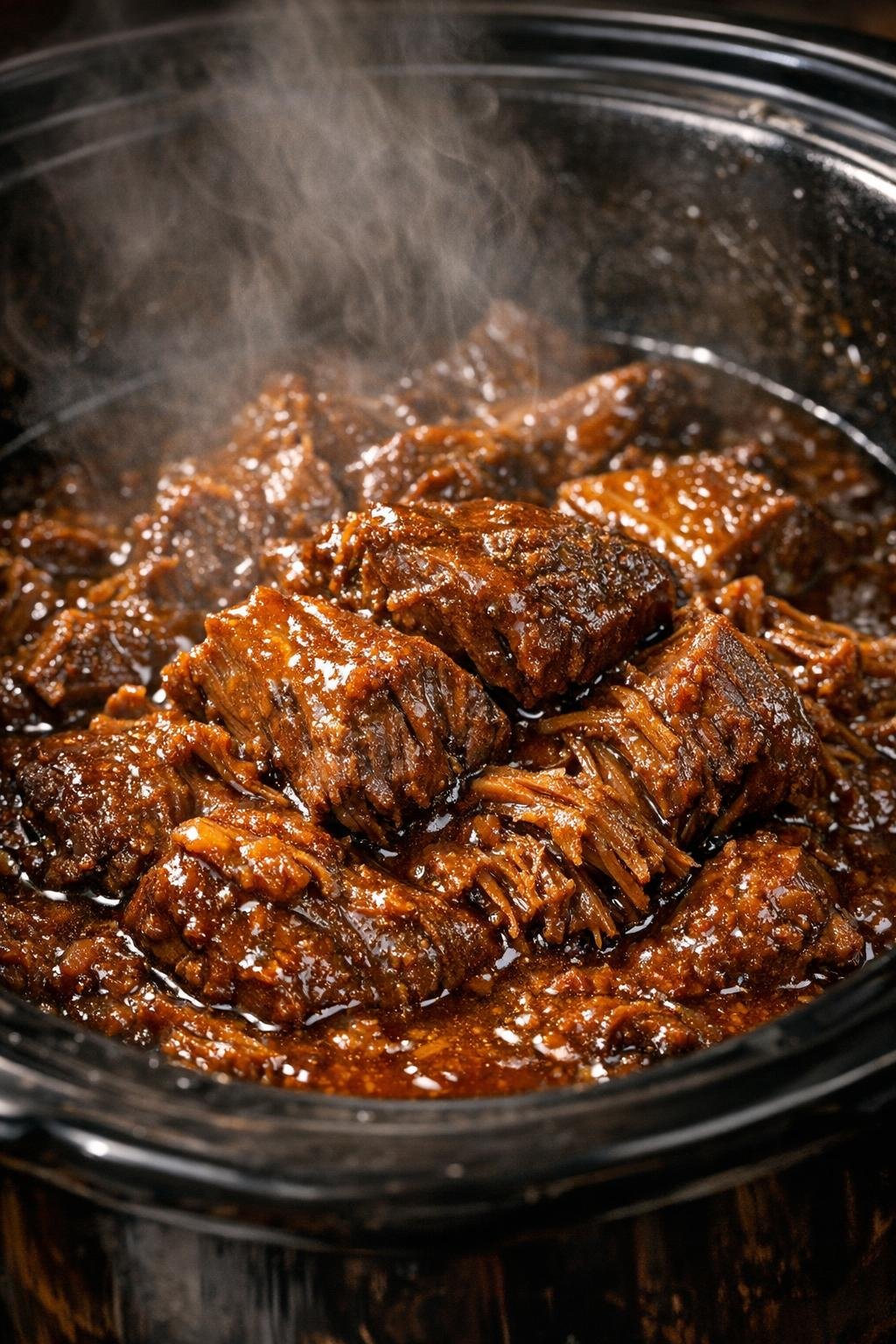 Slow cooker beef in amber sauce