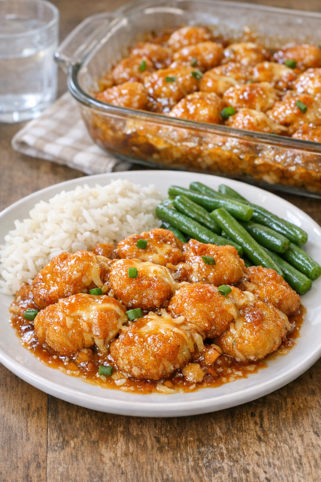 Baked chicken nugget casserole in a glass dish