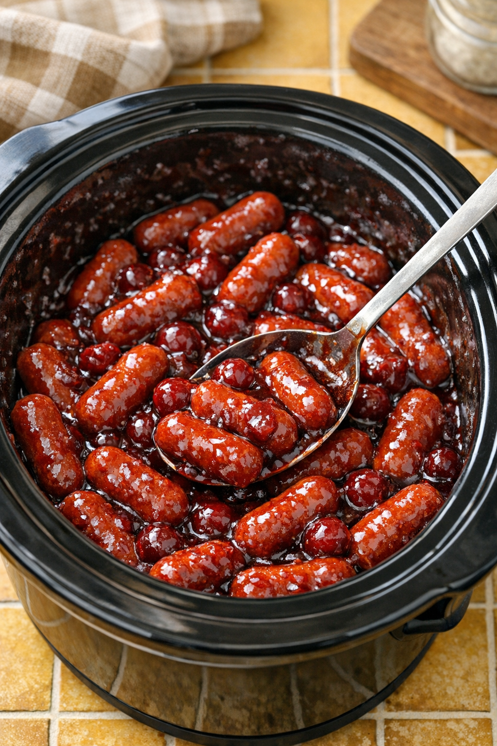Cherry sauce coating the cocktail wieners