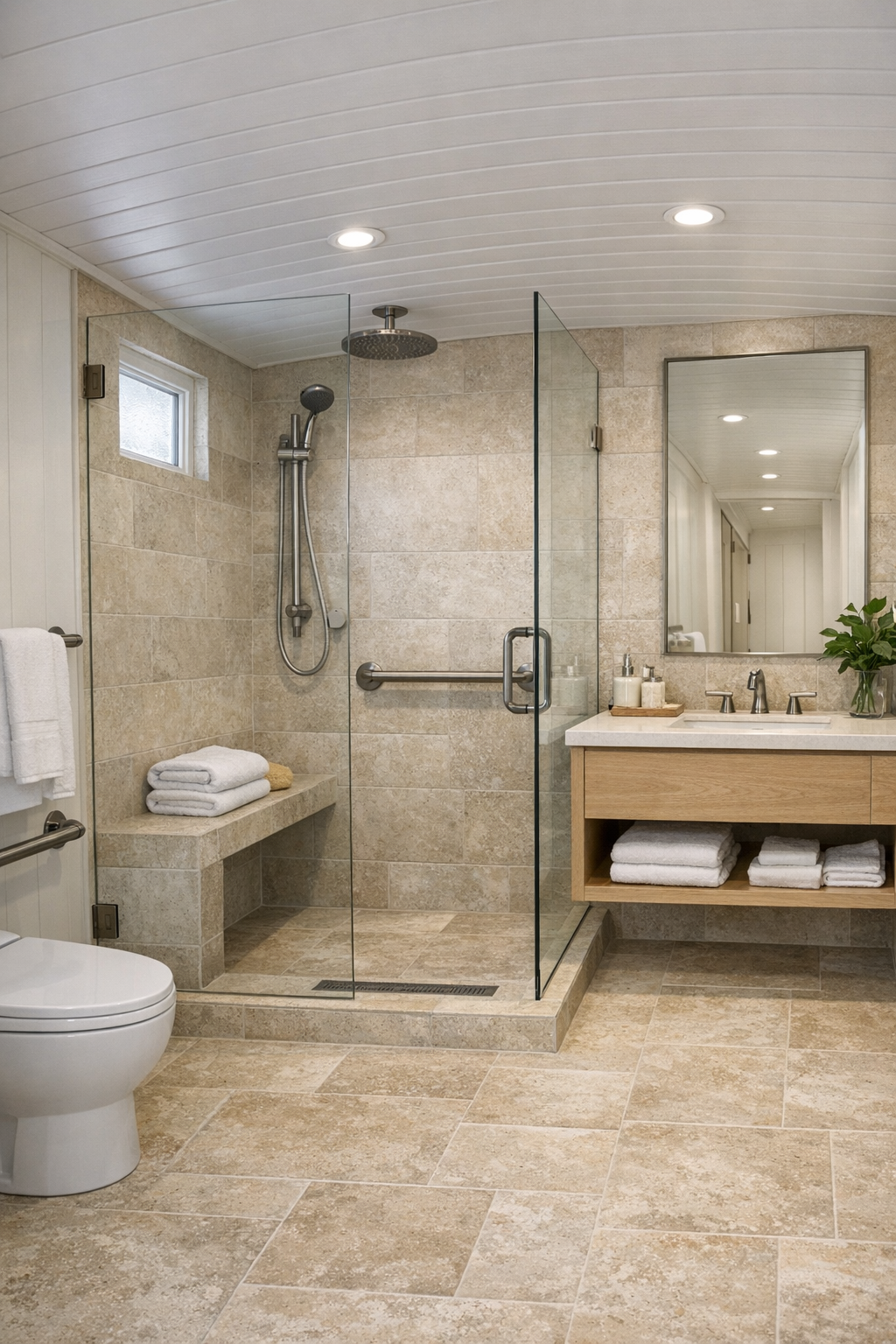 Serene accessible bathroom with curbless shower and light oak floating vanity