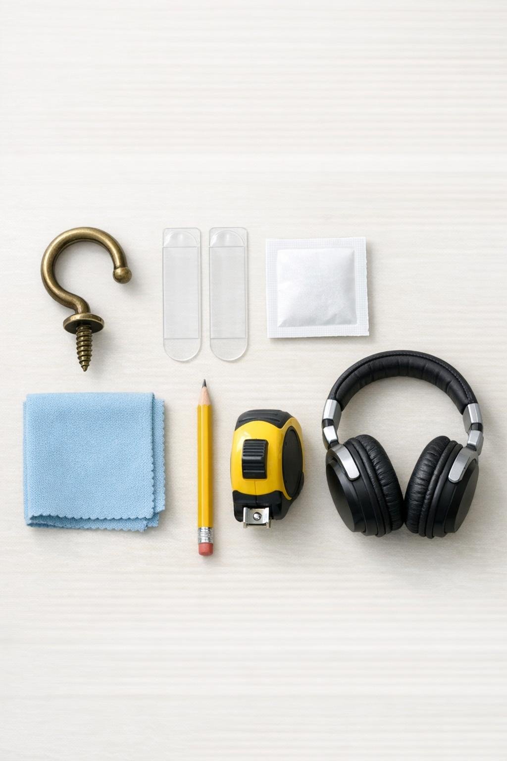 Materials for a nightstand headphone hook laid out neatly