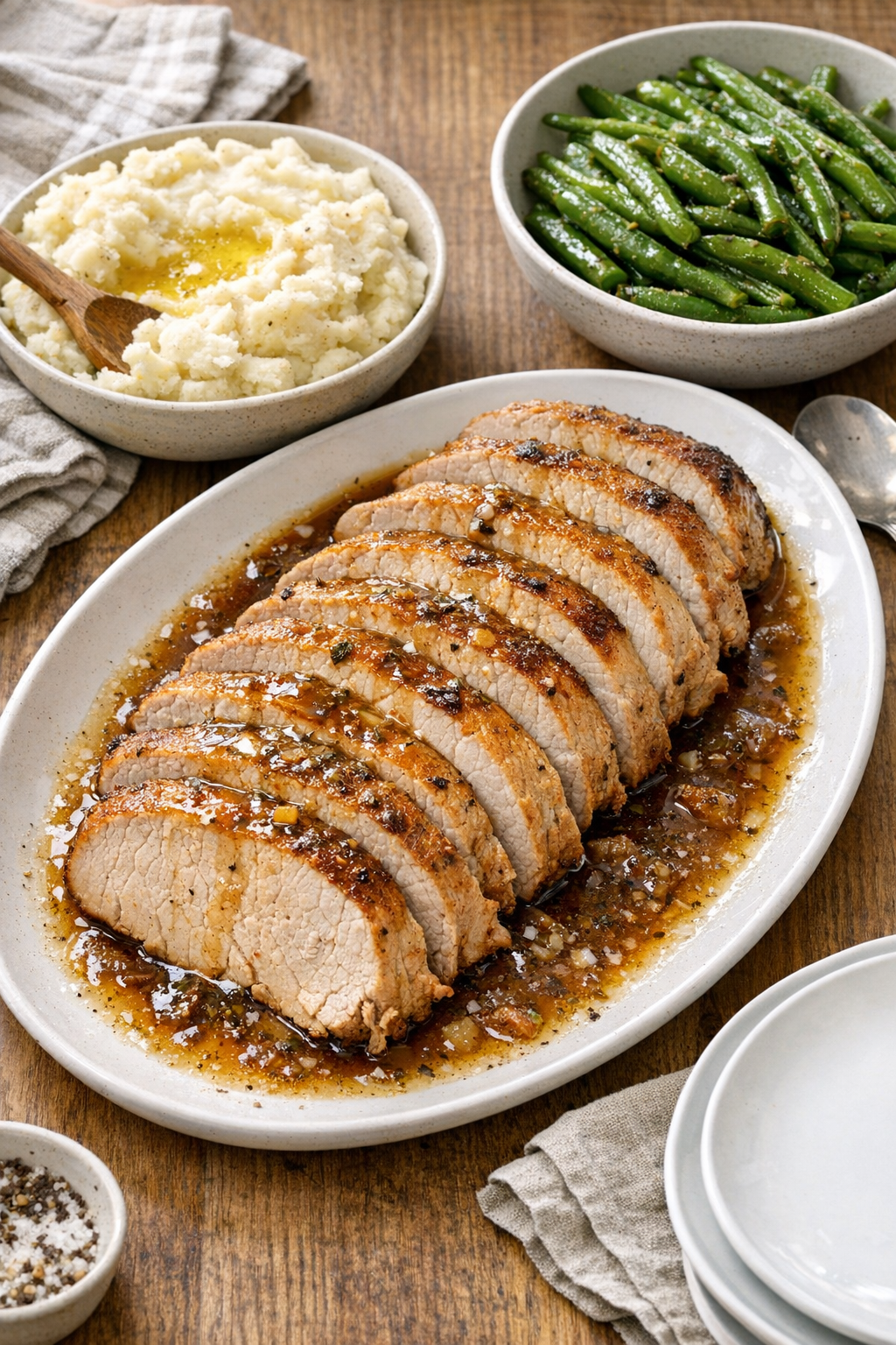 Finished sliced pork loin on a platter with cooking juices