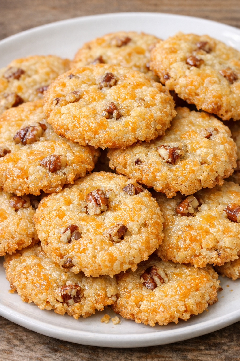 Southern 4-ingredient cheddar pecan crisps on a white ceramic plate