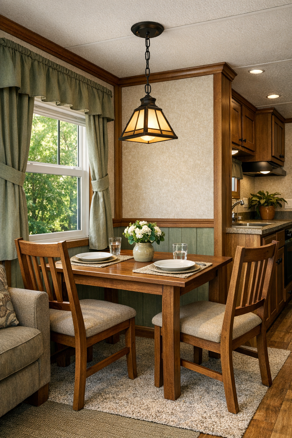 Cozy dining nook with a wood table, simple chairs, and bright windows