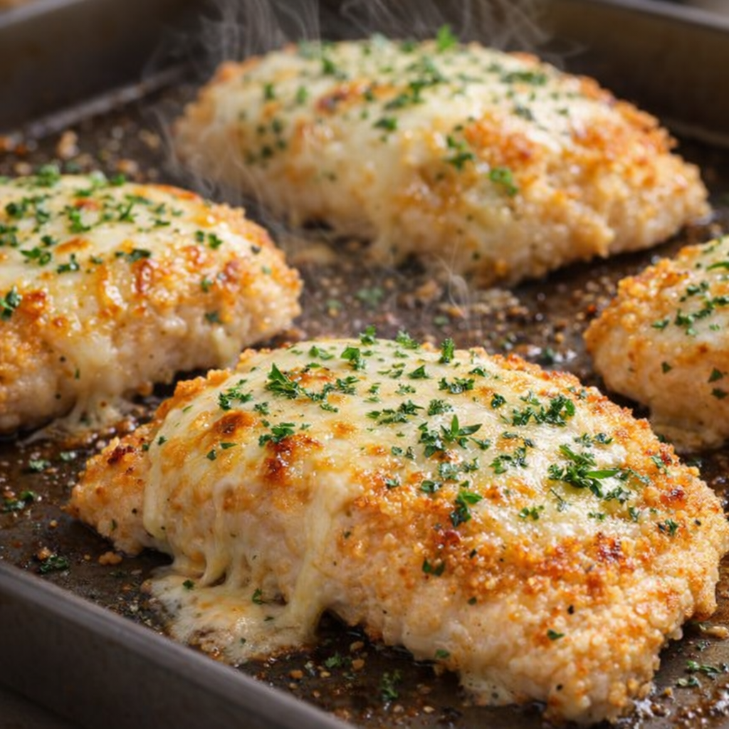Freshly baked chicken cutlets with bubbly melted mozzarella