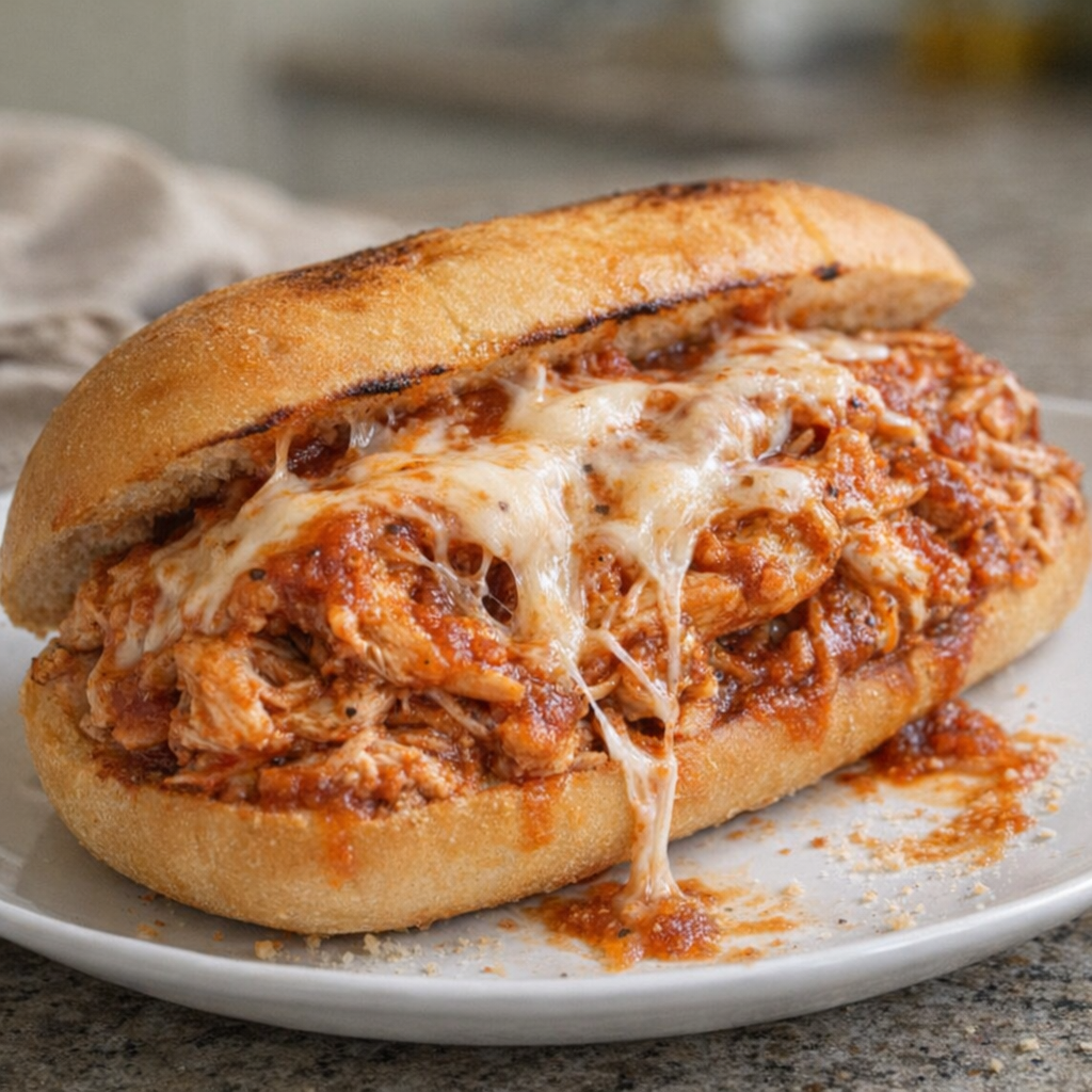 Leftover chicken parmesan-style made into a toasted sandwich