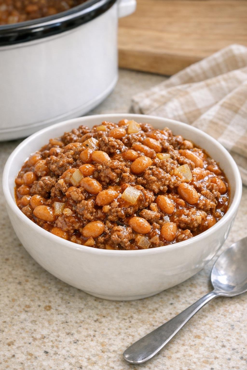 Finished cowboy beef and beans served in a bowl