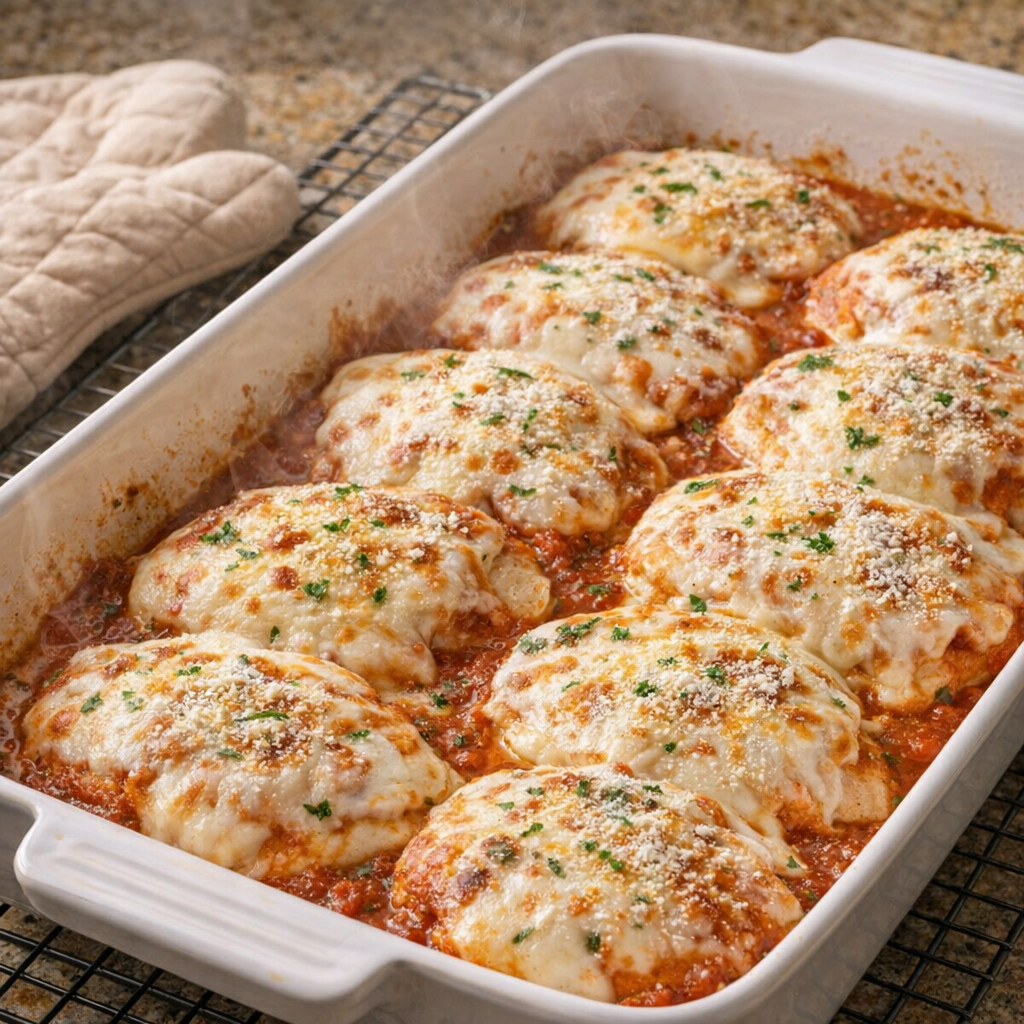 Cheesy chicken Parmesan just out of the oven